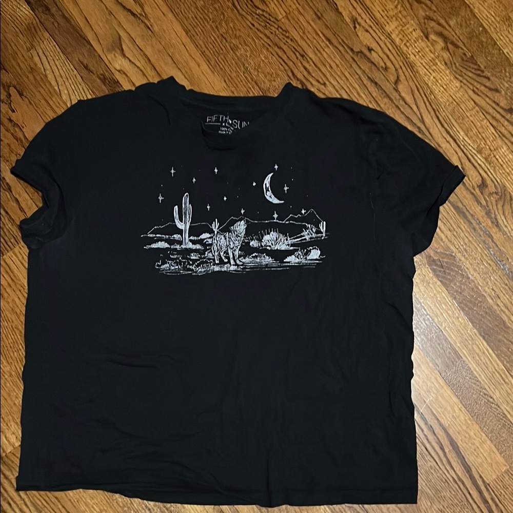 Fifth Sun Black T-Shirt with White Desert Wolf Design